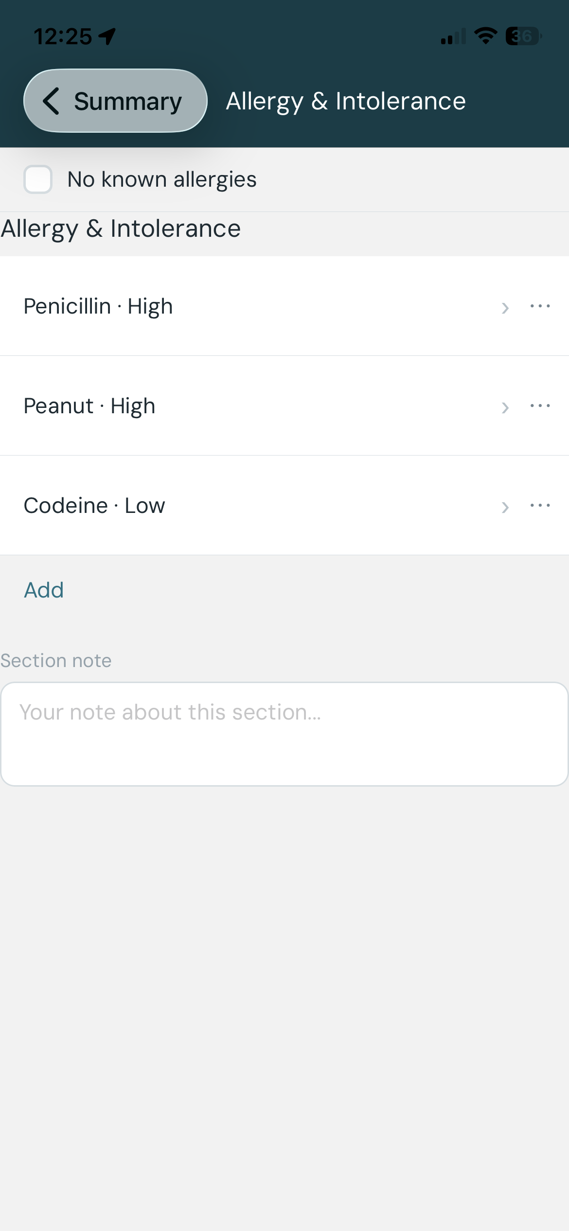 My Allergies & Intolerances screen